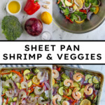 Pinterest pin with text 'Sheet Pan Shrimp & Veggies', image of a sheet pan with cooked pink shrimp and colorful vegetables.