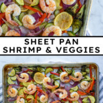 Pinterest pin with text 'Sheet Pan Shrimp & Veggies', image of a sheet pan with cooked pink shrimp and colorful vegetables.