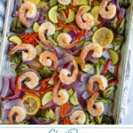 Pinterest pin with text 'Sheet Pan Shrimp & Veggies', image of a sheet pan with cooked pink shrimp and colorful vegetables.