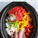 Pinterest Pin with text 'Crockpot Sausage & Peppers', image of Italian sausages in bun with peppers next to a crockpot.