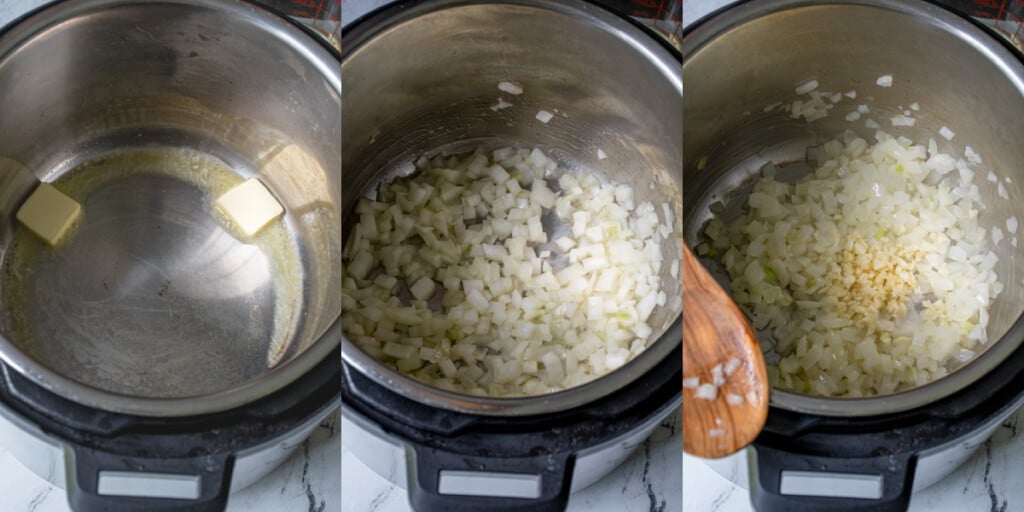 Collage showing the first steps of melting the butter, sautéing the onions, and adding minced garlic.