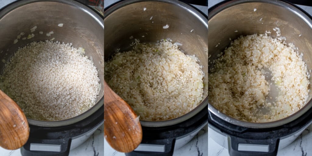 Collage showing the steps of adding the rice, sautéing, and adding the white wine.