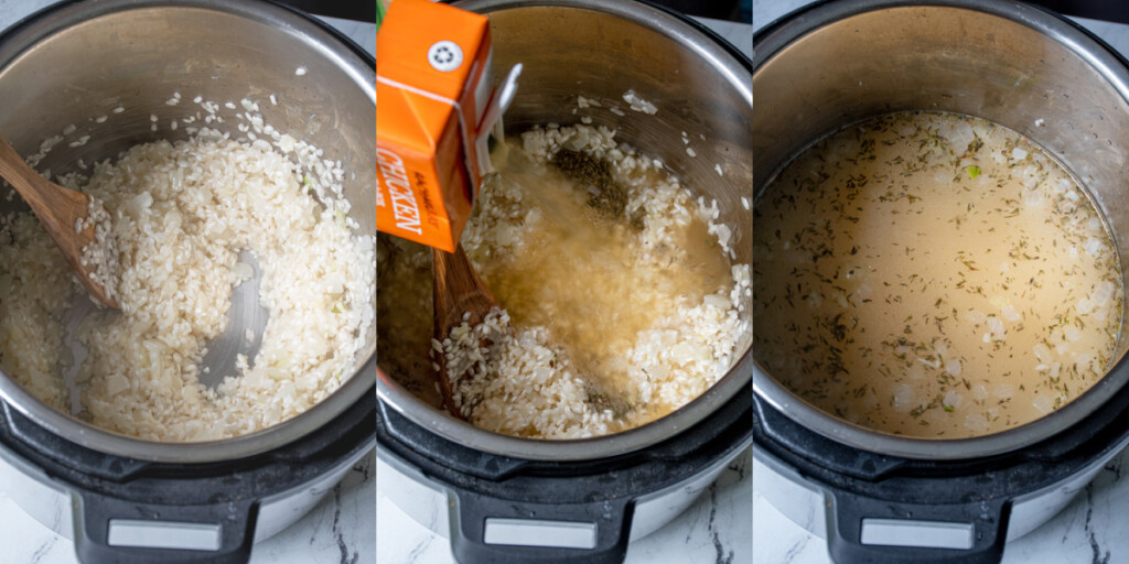 Collage showing the steps of the rice absorbing the wine, adding the seasonings, and the chicken broth and stirring together.
