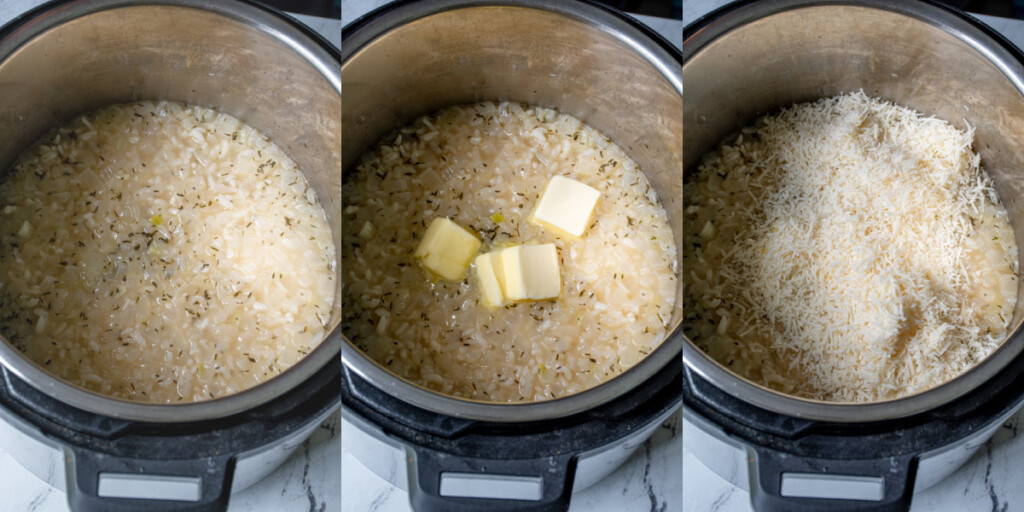 Collage showing the steps of opening the lid after it is cooked, adding butter, and parmesan before stirring together.