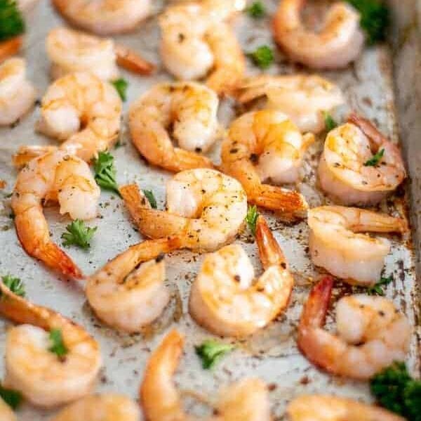 close up of oven baked shrimp recipe on a sheet pan