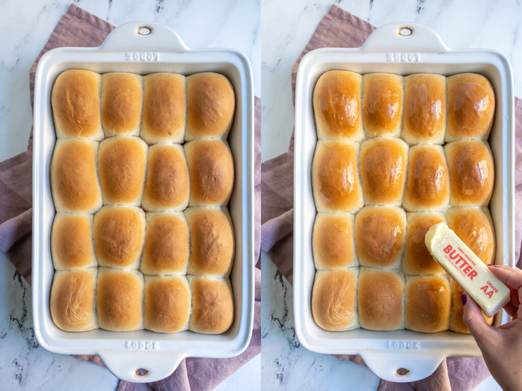 Collage showing the dinner rolls straight out of the oven and getting spread with butter.