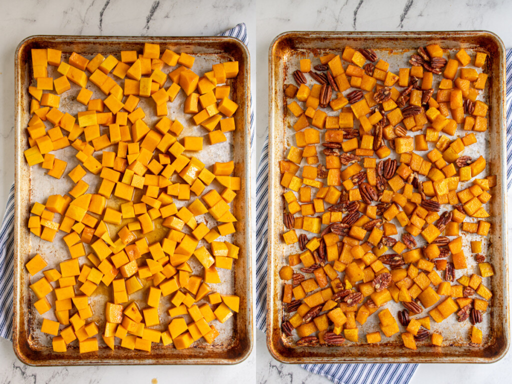 Collage showing the before and after being cooked on a sheet pan.