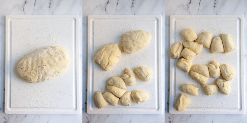 Collage showing the dough for rolls being divided into 16 equal parts.