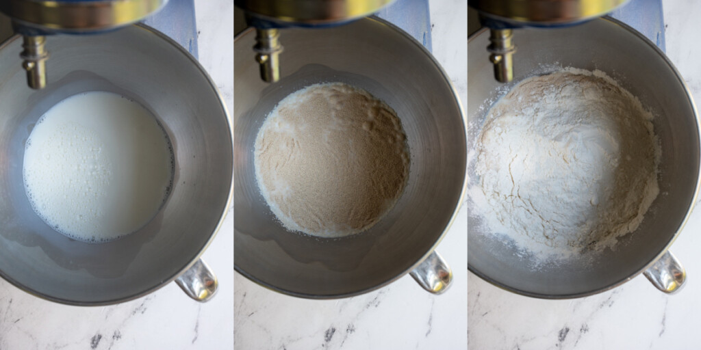 Collage showing the first steps to making dinner roll dough including adding the milk, yeast, and flour to a stand mixer.