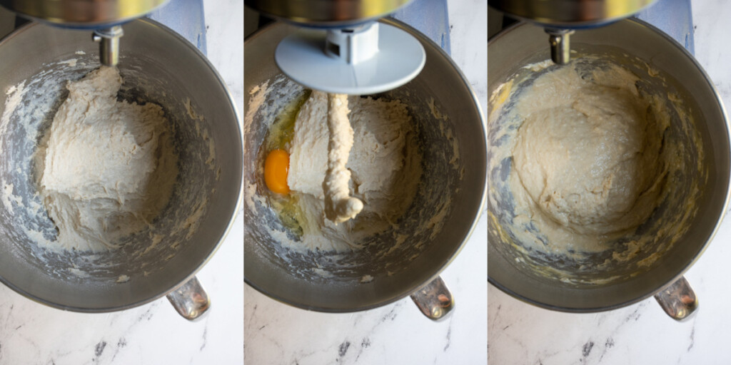 Collage showing the steps to making dinner roll dough including sticky dough and adding an egg to blend in.