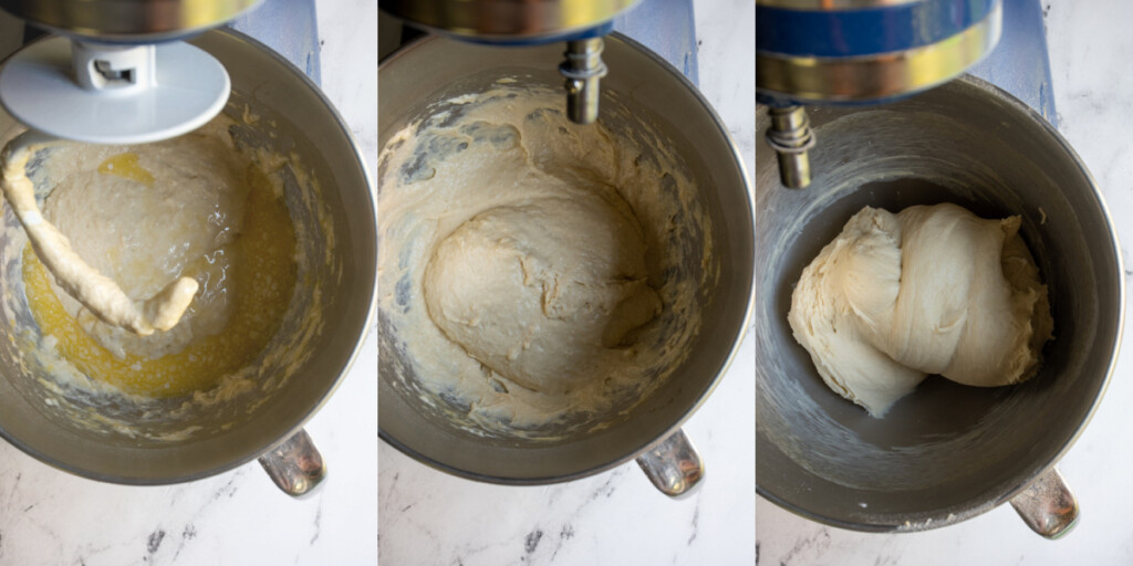 Collage showing the steps to making dinner roll dough including adding melted butter, shaggy dough, and soft kneaded dough.