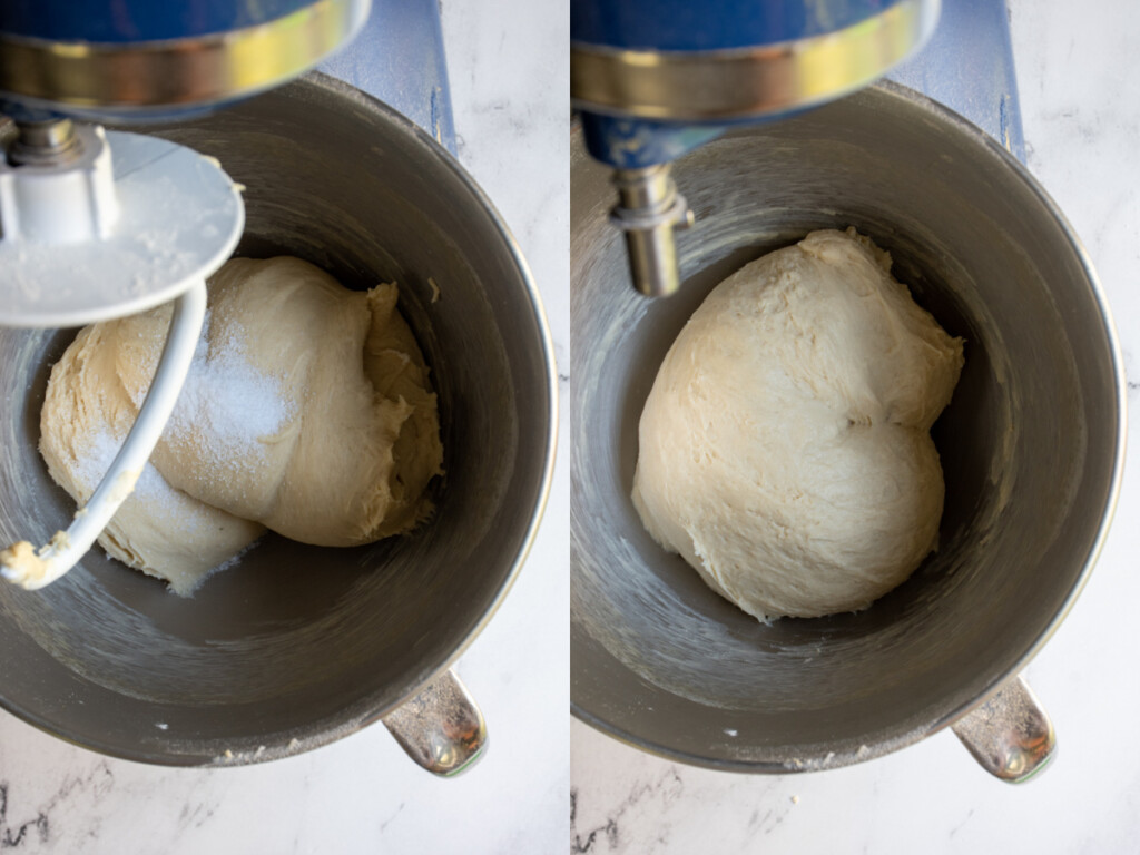 Collage showing the steps to making dinner roll dough showing the salt getting added and the soft final dough in a stand mixer ready for proofing.