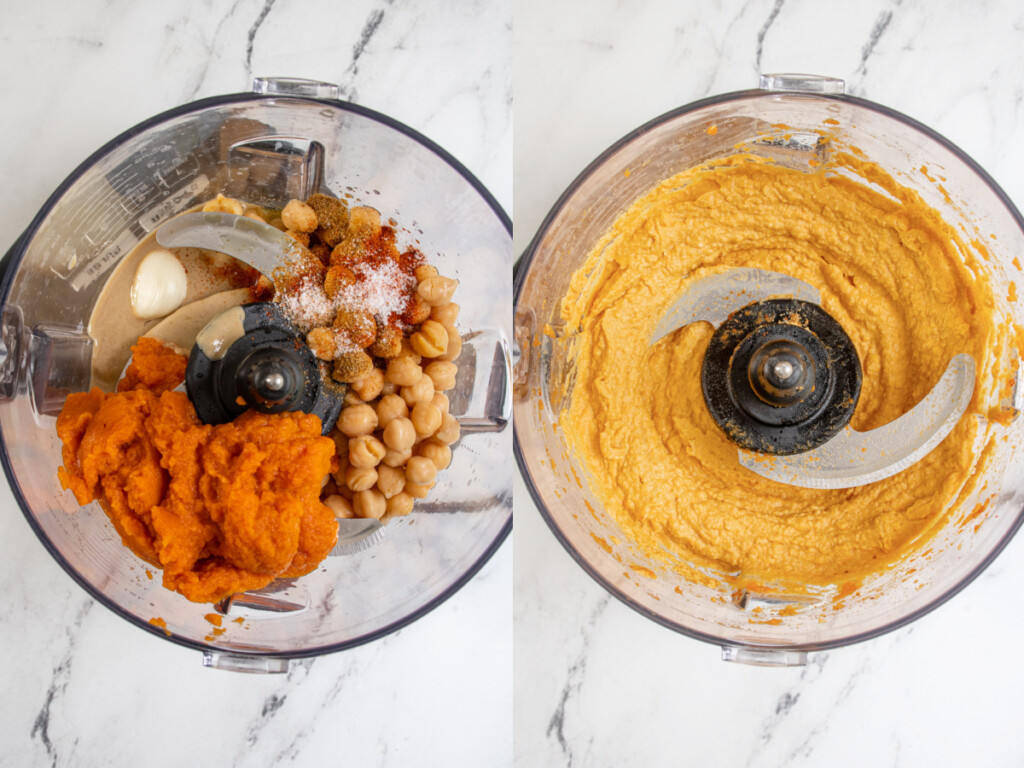 Before and after of ingredients and pumpkin hummus in a food processor. 
