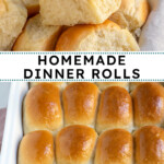 Pinterest pin with text over lay 'Homemade Dinner Rolls', image of a linen filled with a pile of soft homemade dinner rolls.