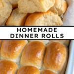 Pinterest pin with text over lay 'Homemade Dinner Rolls', image of a linen filled with a pile of soft homemade dinner rolls.