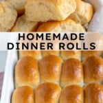 Pinterest pin with text over lay 'Homemade Dinner Rolls', image of a linen filled with a pile of soft homemade dinner rolls.