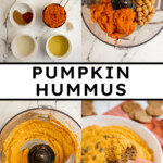 Pinterest pin with text "Pumpkin Hummus", image of a white bowl with orange pumpkin hummus garnished with olive oil and pumpkin seeds.