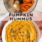 Pinterest pin with text "Pumpkin Hummus", image of a white bowl with orange pumpkin hummus garnished with olive oil and pumpkin seeds.