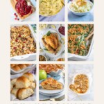 Pinterest Pin with text overlay "70+ Thanksgiving Dinner Ideas", image of collage filled with food photos.