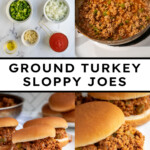 Pinterest Pin with text over lay 'Ground Turkey Sloppy Joes", image of a bun filled with sloppy joes on a plate.