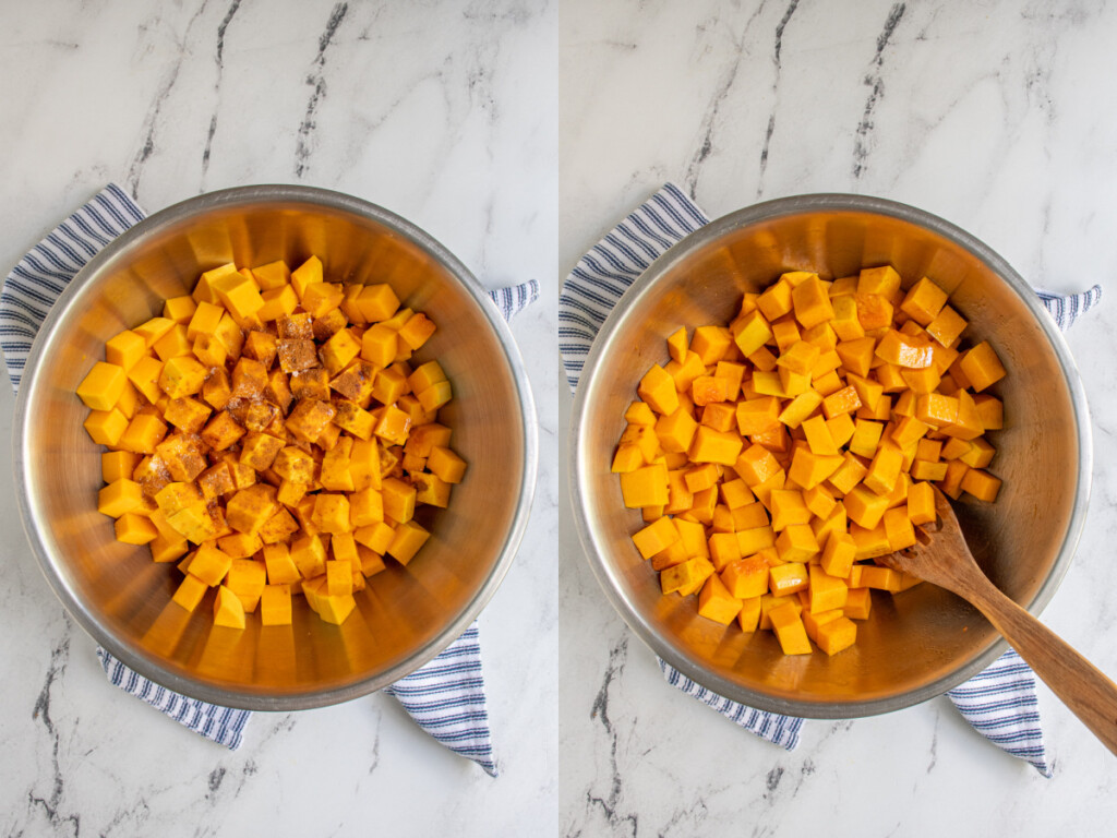 Collage showing prepping diced butternut squash by adding oil, maple syrup, cinnamon, and salt.
