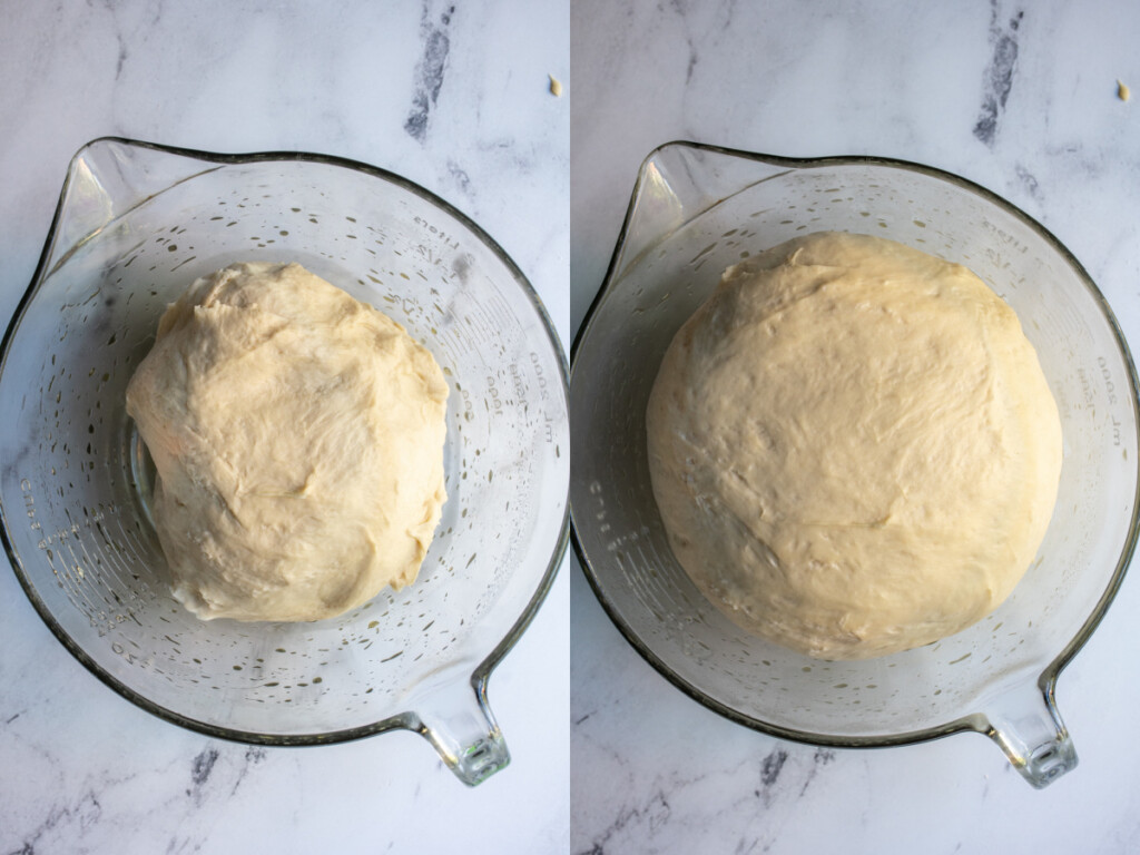 A before and after of roll dough in a glass bowl for the first rise.