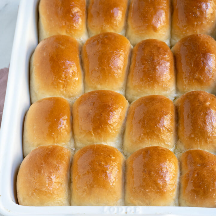 A white baking dish at an angle showing off rows of diner rolls.