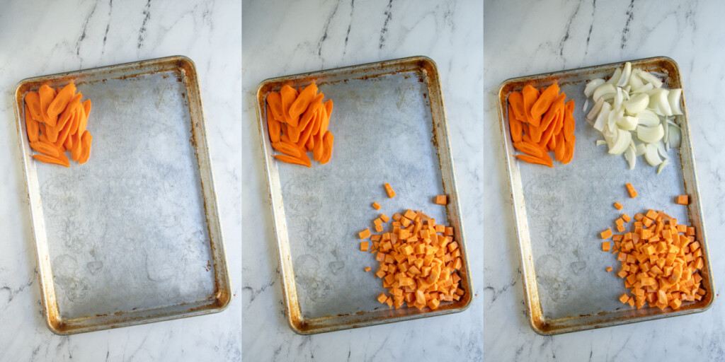 Collage showing the steps to building a one pan autumn chicken dinner with carrots, sweet potatoes, and onions.