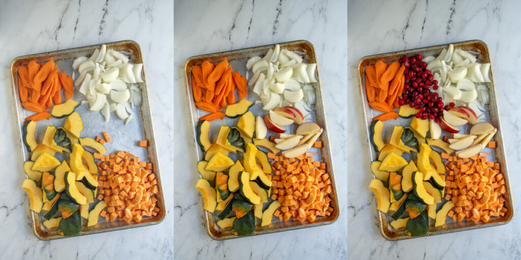 Collage showing the steps to building a one pan autumn chicken dinner with acorn squash, apples, and cranberries.
