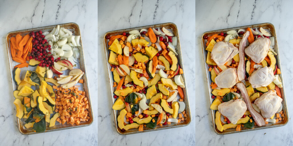 Collage showing the steps to building a one pan autumn chicken dinner with herbed oil, everything tossed together, and the chicken and bacon added on top.