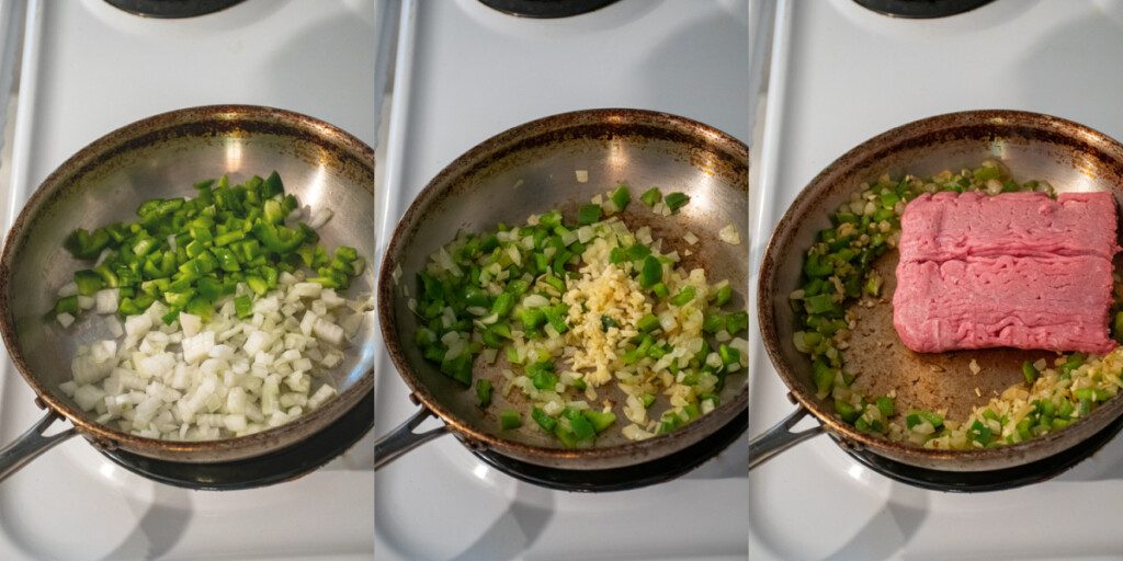 Collage showing a skillet with the first step of making turkey sloppy joes including sautéing onions and peppers.