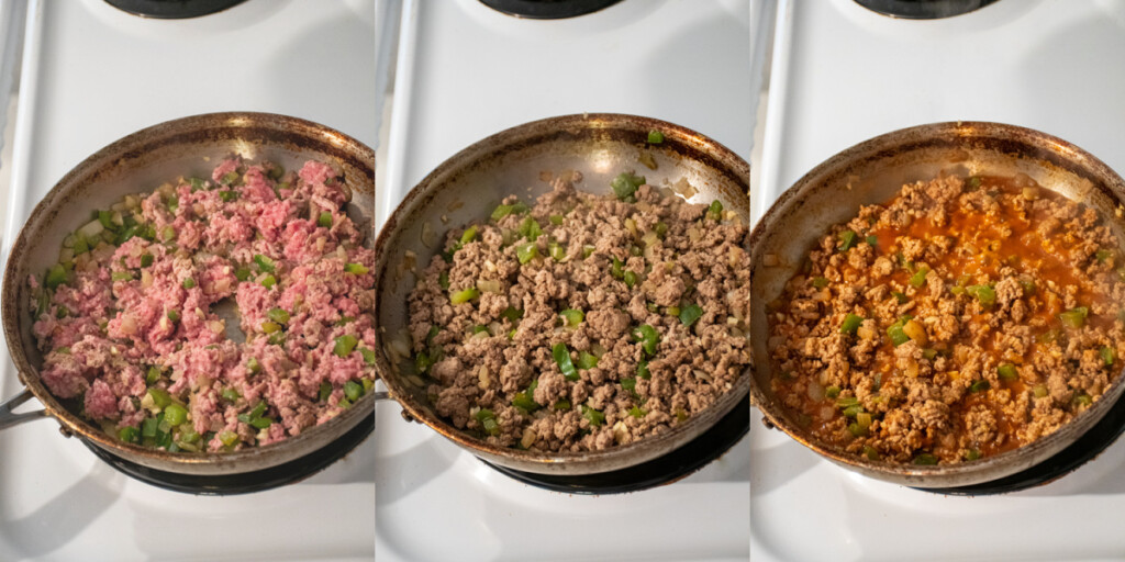 Collage showing the second half of making turkey sloppy joes including browning the ground turkey meat and adding the sauce.