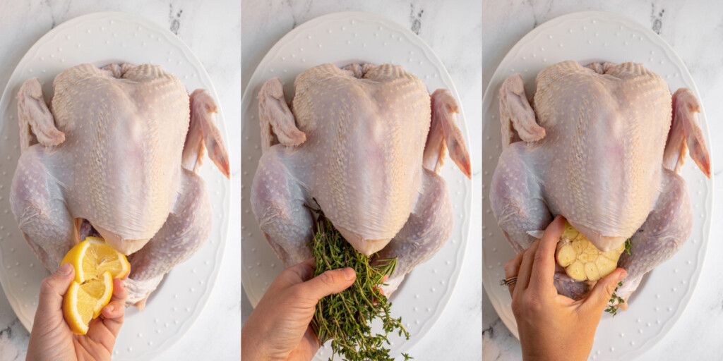 Collage showing stuffing different aromatics into the cavity of the turkey.