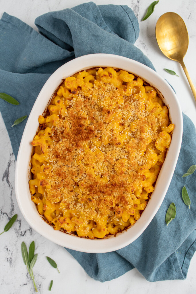 Overhead view of a white baking dish filled with baked pumpkin Mac and cheese topped with golden brown breadcrumbs.