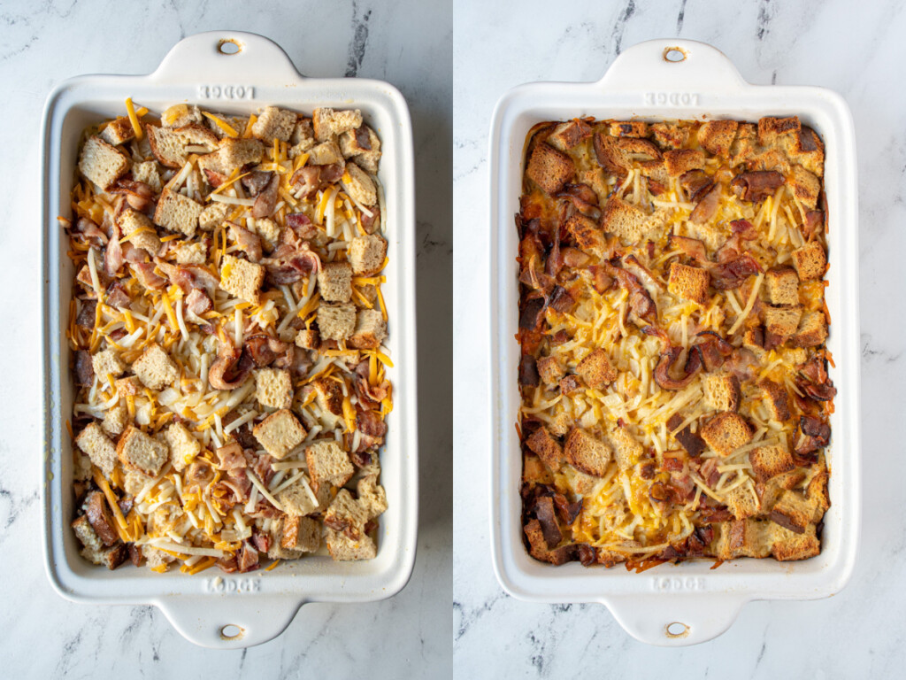 Before and after the breakfast casserole goes into the oven.