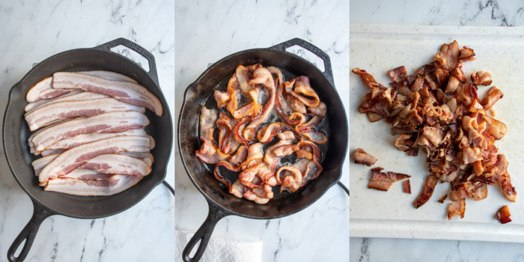 Collage of cooking bacon for the breakfast casserole.