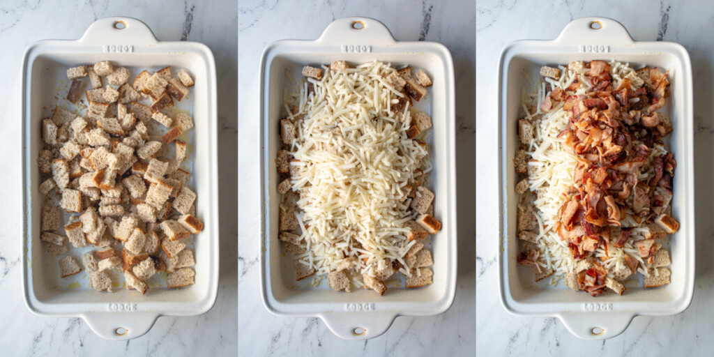 Collage showing the bread, hash browns, and bacon being added to the breakfast casserole dish.