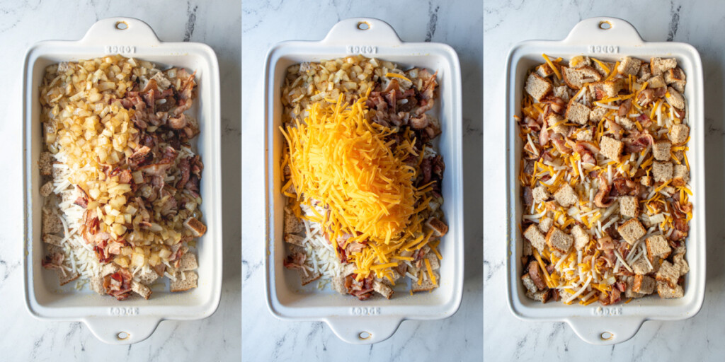 Collage showing the onions and cheese being added to the ingredients and the components of the breakfast casserole being mixed up together.