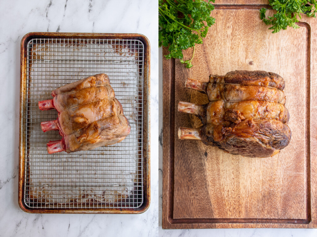 Collage showing the browed standing rib roast on a wire baking sheet before being cooked and what it looks like after it was cooked on a cutting board.