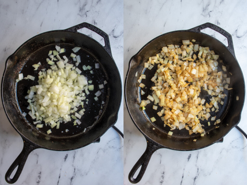 Collage showing the onions being cooked in a cast iron skillet.