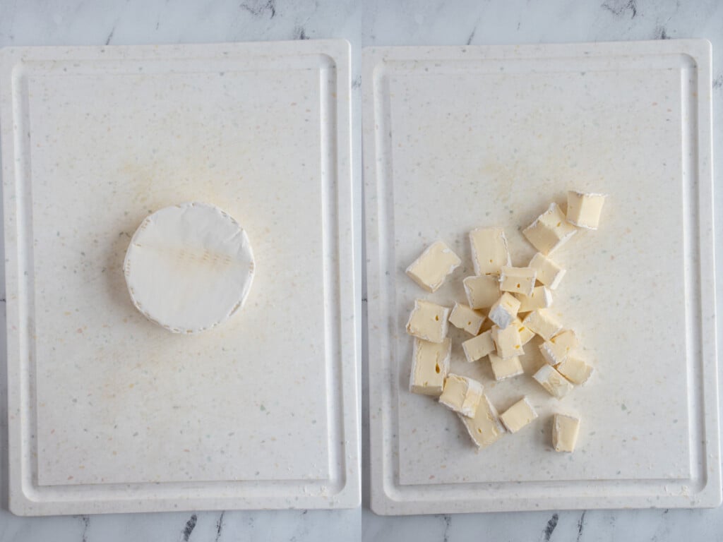 Collage showing the steps of cutting brie into twenty-four pieces to make brie bites.