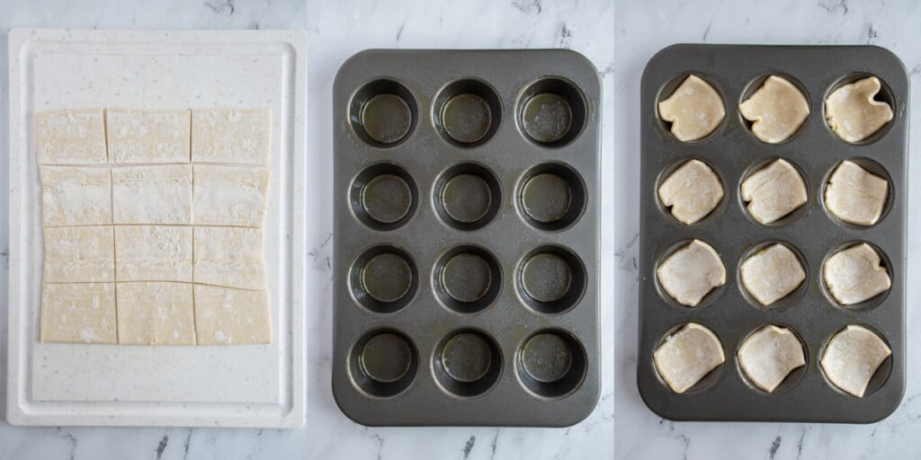 Collage showing the steps of making cranberry brie bites showing cut puff pastry, greased muffin tin, and puff pastry in a muffin tin.