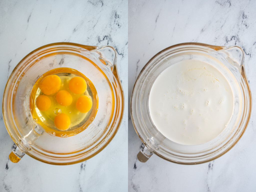 Collage showing eggs and milk being added to a bowl to make breakfast casserole.