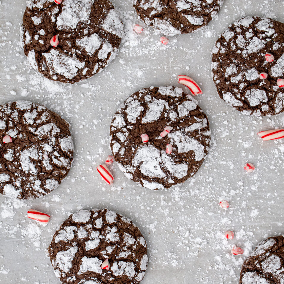 A bunch of chocolate peppermint crinkle cookies spread out over powdered sugar covered parchment paper with bits of crushed candy canes as garnish.
