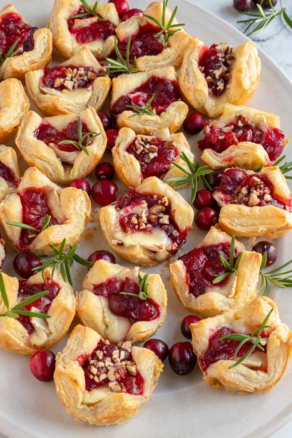 An angled view of a white platter full of cranberry brie bites garnished with finely chopped nuts and sprigs of rosemary.