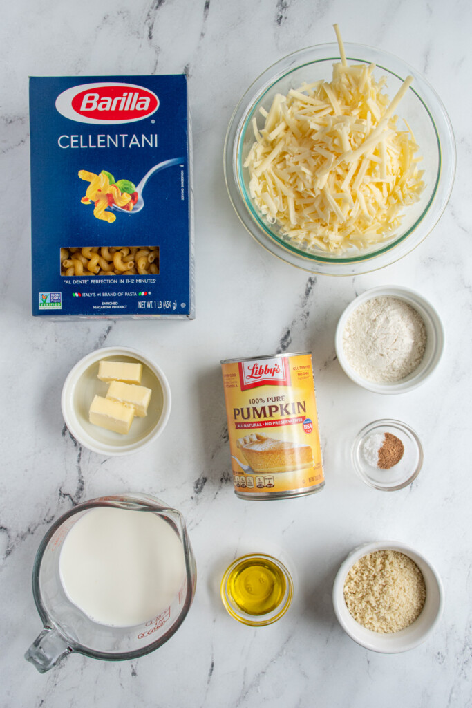 Overhead view of the ingredients needed to make baked pumpkin Mac and cheese laid out on a tabletop.