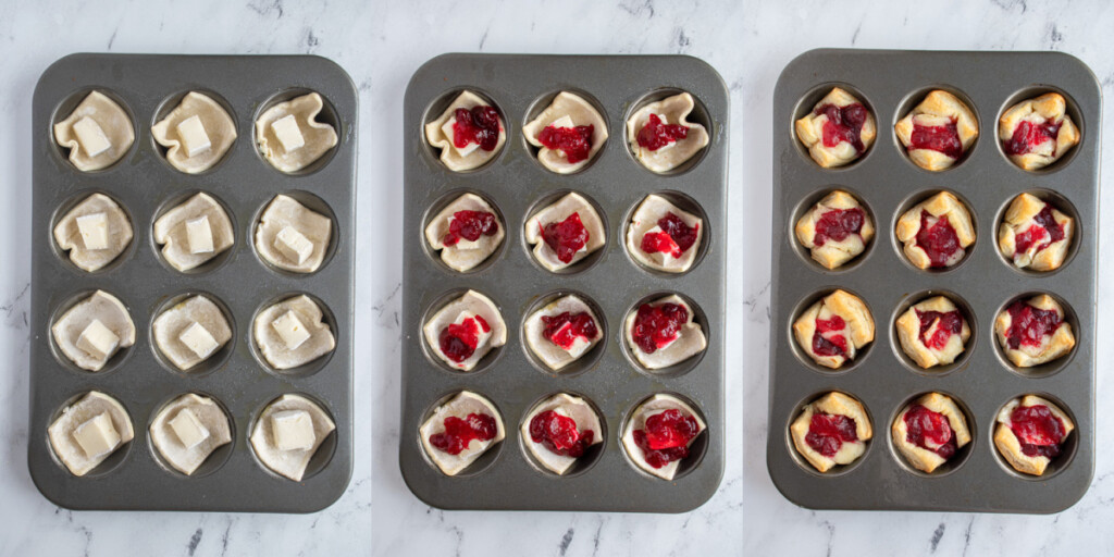 Collage showing making cranberry brie bites by putting cheese into the muffin tins and dollops of cranberry sauce and then all baked together.