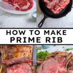 Pinterest Pin with text overlay 'how to make prime rib', image os a cut of prime rib up against a large prime rib roast on a cutting board.