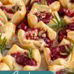 Pinterest pin with text "Cranberry Brie Bites", image of a platter of cranberry brie bites garnished with fresh rosemary.