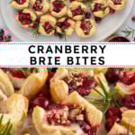 Pinterest pin with text "Cranberry Brie Bites", image of a platter of cranberry brie bites garnished with fresh rosemary.
